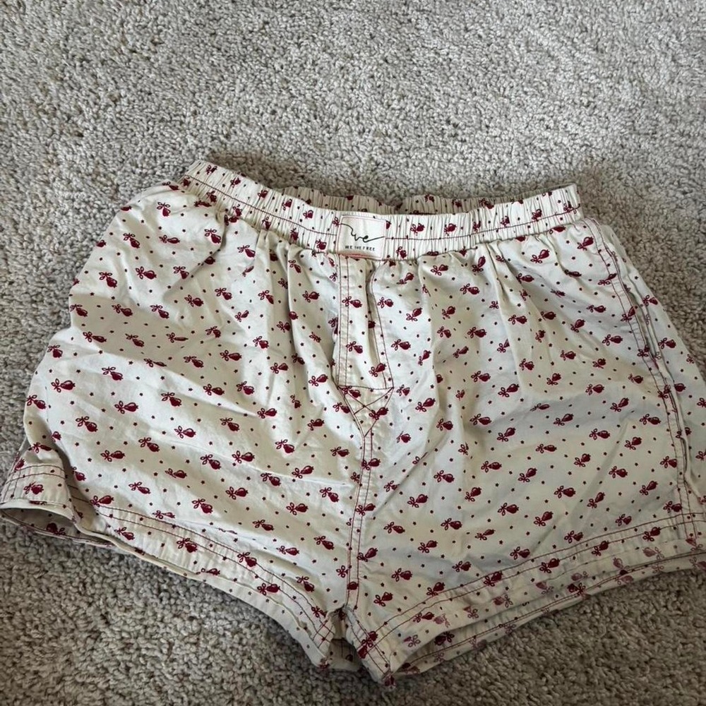 Free People cream & white shorts with red polka dots and small red bird graphic - Picture 1 of 7
